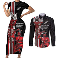 Toitu Te Reo Maori Toitu Te Whenua Toitu Te Tiriti Couples Matching Short Sleeve Bodycon Dress and Long Sleeve Button Shirt Maori Warrior New Zealand LT01 Black - Polynesian Pride