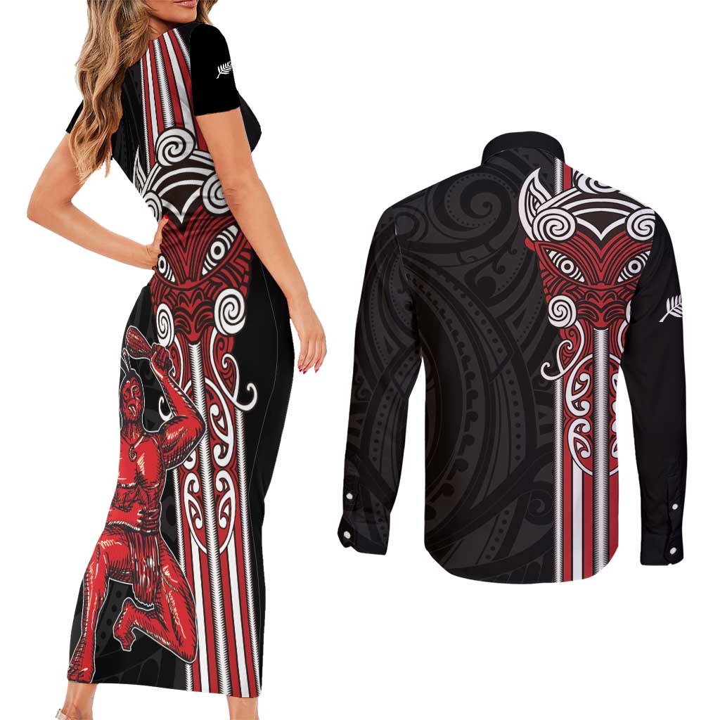 Toitu Te Reo Maori Toitu Te Whenua Toitu Te Tiriti Couples Matching Short Sleeve Bodycon Dress and Long Sleeve Button Shirt Maori Warrior New Zealand LT01 - Polynesian Pride