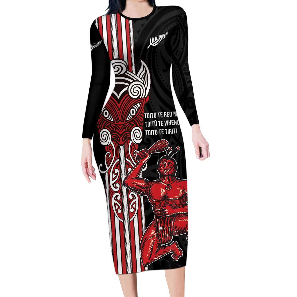 Toitu Te Reo Maori Toitu Te Whenua Toitu Te Tiriti Family Matching Long Sleeve Bodycon Dress and Hawaiian Shirt Maori Warrior New Zealand LT01 Mom's Dress Black - Polynesian Pride