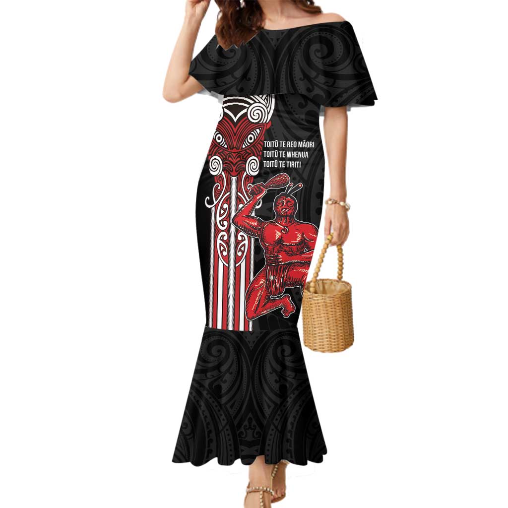 Toitu Te Reo Maori Toitu Te Whenua Toitu Te Tiriti Family Matching Mermaid Dress and Hawaiian Shirt Maori Warrior New Zealand LT01 Mom's Dress Black - Polynesian Pride