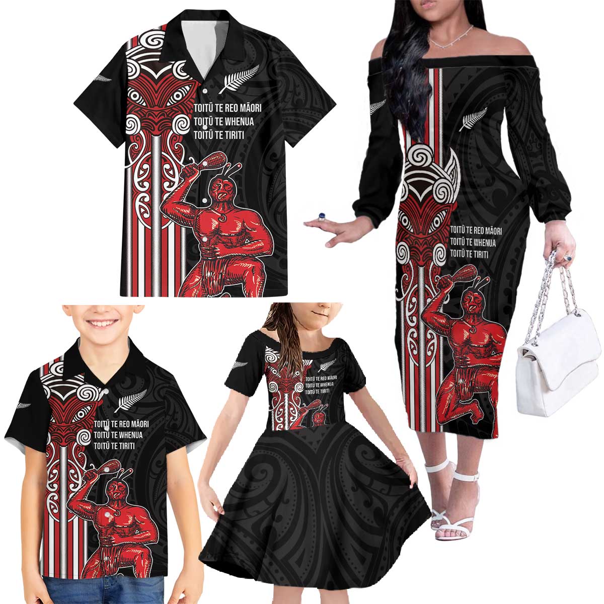 Toitu Te Reo Maori Toitu Te Whenua Toitu Te Tiriti Family Matching Off The Shoulder Long Sleeve Dress and Hawaiian Shirt Maori Warrior New Zealand LT01 - Polynesian Pride