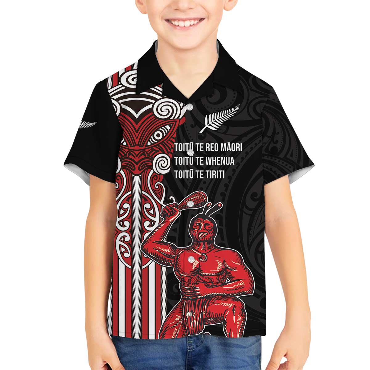 Toitu Te Reo Maori Toitu Te Whenua Toitu Te Tiriti Family Matching Off The Shoulder Long Sleeve Dress and Hawaiian Shirt Maori Warrior New Zealand LT01 Son's Shirt Black - Polynesian Pride