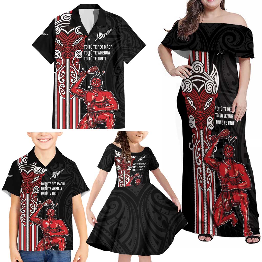 Toitu Te Reo Maori Toitu Te Whenua Toitu Te Tiriti Family Matching Off Shoulder Maxi Dress and Hawaiian Shirt Maori Warrior New Zealand LT01 - Polynesian Pride