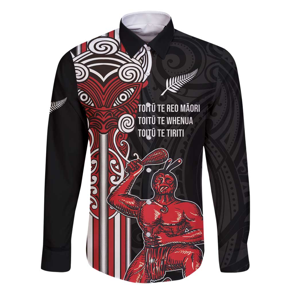 Toitu Te Reo Maori Toitu Te Whenua Toitu Te Tiriti Family Matching Off Shoulder Maxi Dress and Hawaiian Shirt Maori Warrior New Zealand LT01 Dad's Shirt - Long Sleeve Black - Polynesian Pride