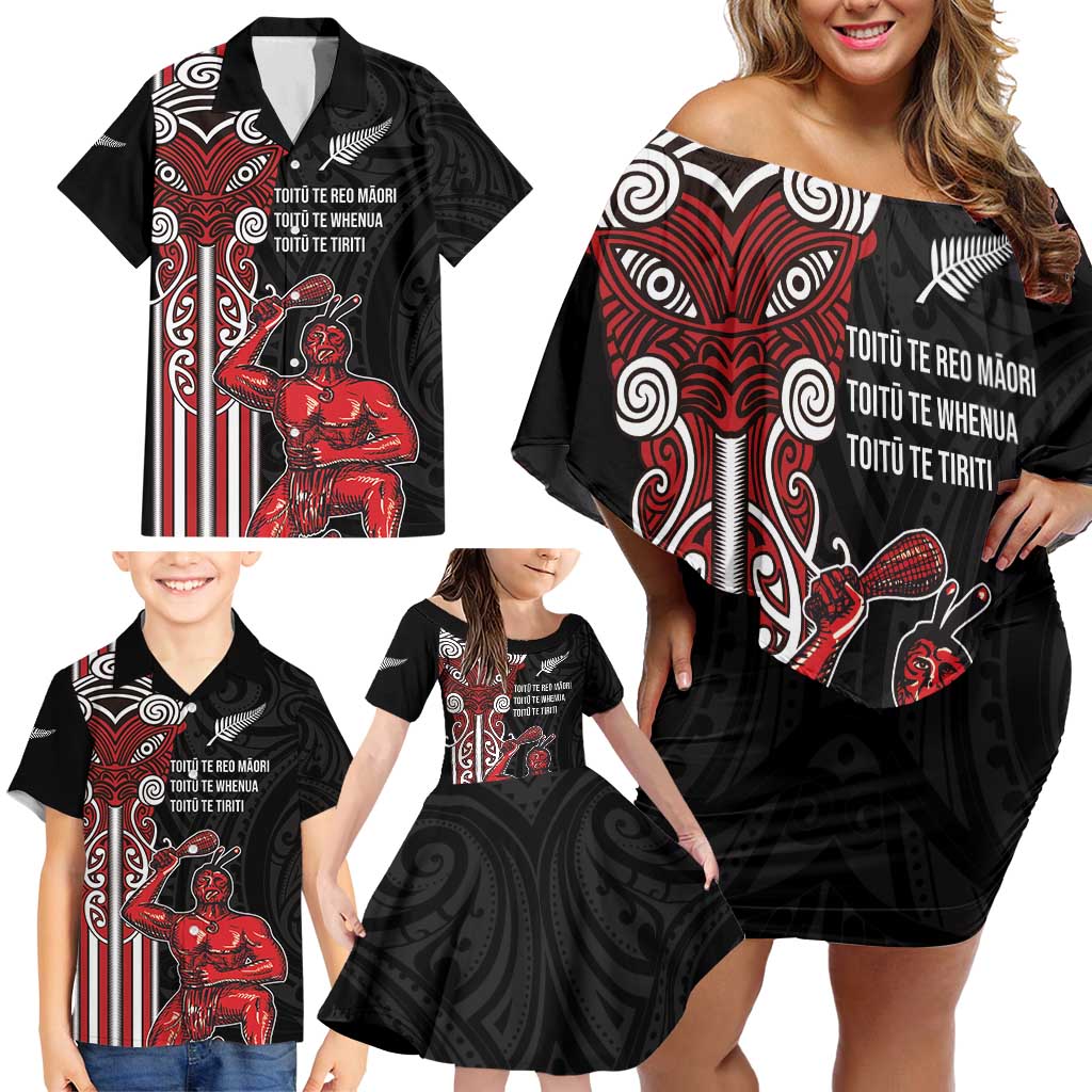 Toitu Te Reo Maori Toitu Te Whenua Toitu Te Tiriti Family Matching Off Shoulder Short Dress and Hawaiian Shirt Maori Warrior New Zealand LT01 - Polynesian Pride
