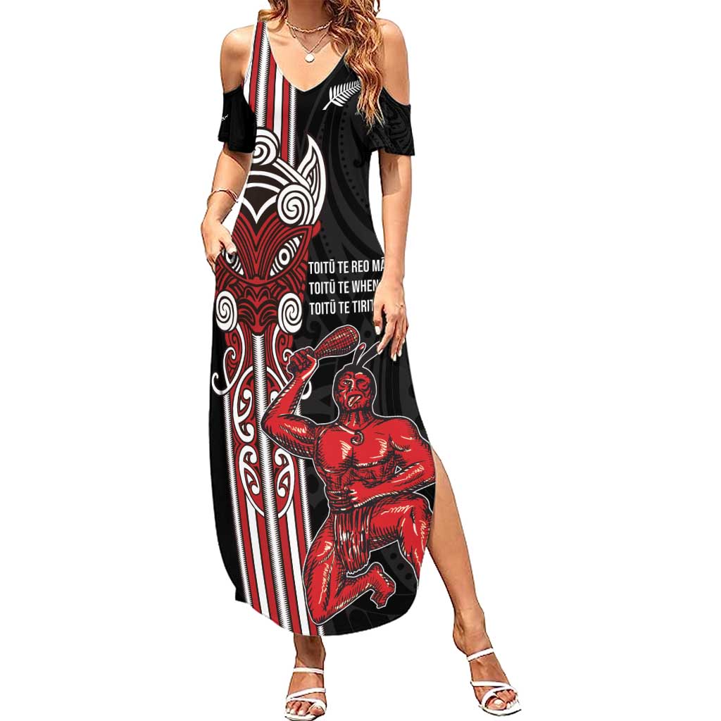 Toitu Te Reo Maori Toitu Te Whenua Toitu Te Tiriti Family Matching Summer Maxi Dress and Hawaiian Shirt Maori Warrior New Zealand LT01 Mom's Dress Black - Polynesian Pride