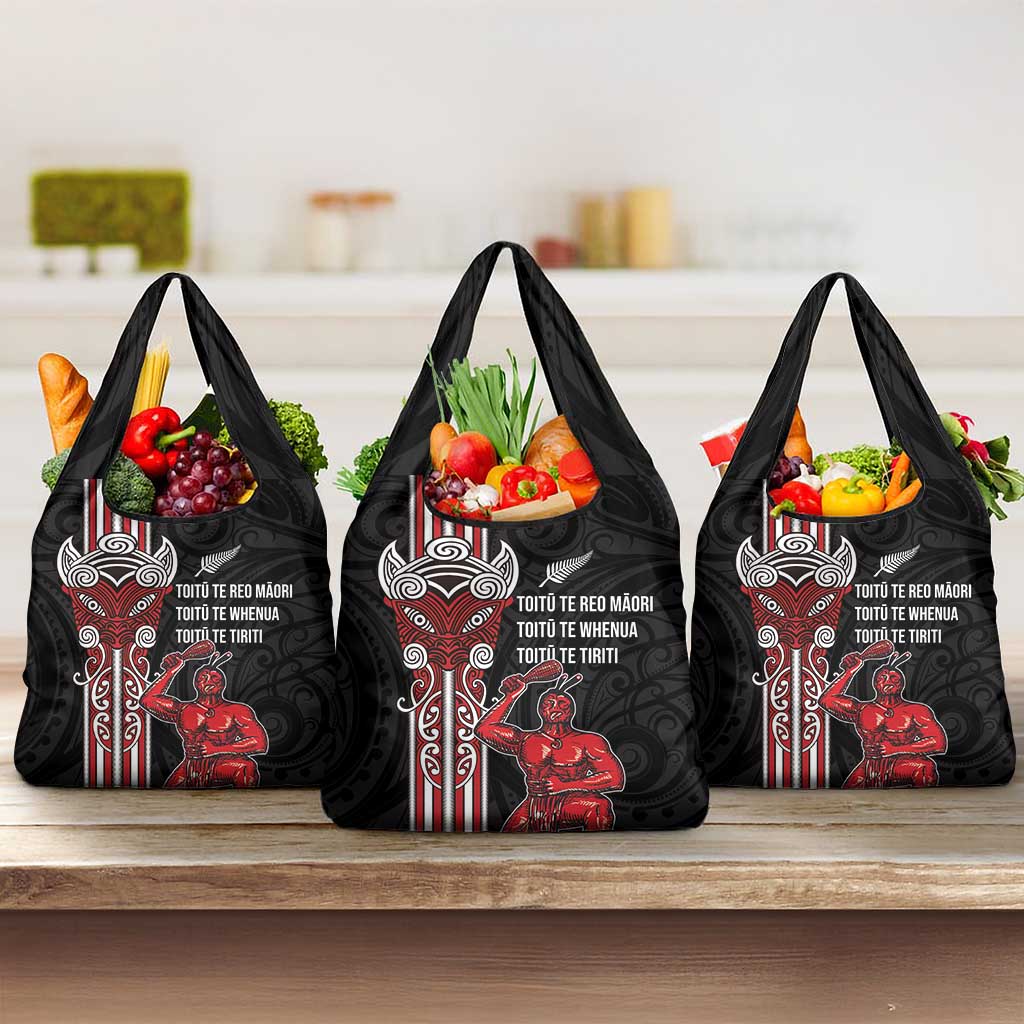 Toitu Te Reo Maori Toitu Te Whenua Toitu Te Tiriti Grocery Bag Maori Warrior New Zealand LT01 3-pack One Size Black - Polynesian Pride