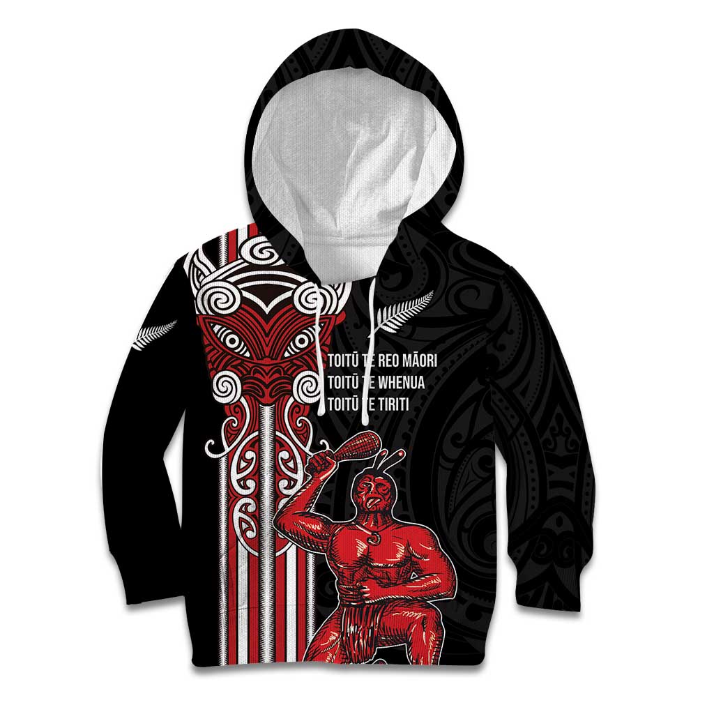 Toitu Te Reo Maori Toitu Te Whenua Toitu Te Tiriti Kid Hoodie Maori Warrior New Zealand LT01 Hoodie Black - Polynesian Pride