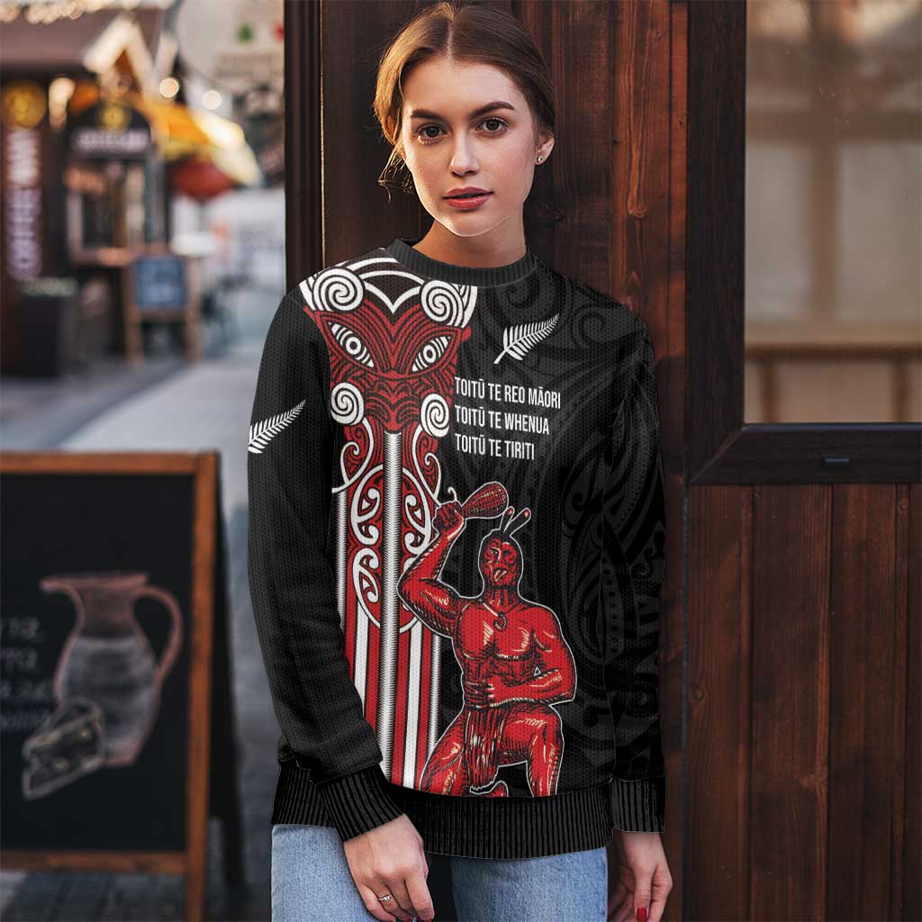 Toitu Te Reo Maori Toitu Te Whenua Toitu Te Tiriti Ugly Christmas Sweater Maori Warrior LT01 - Polynesian Pride