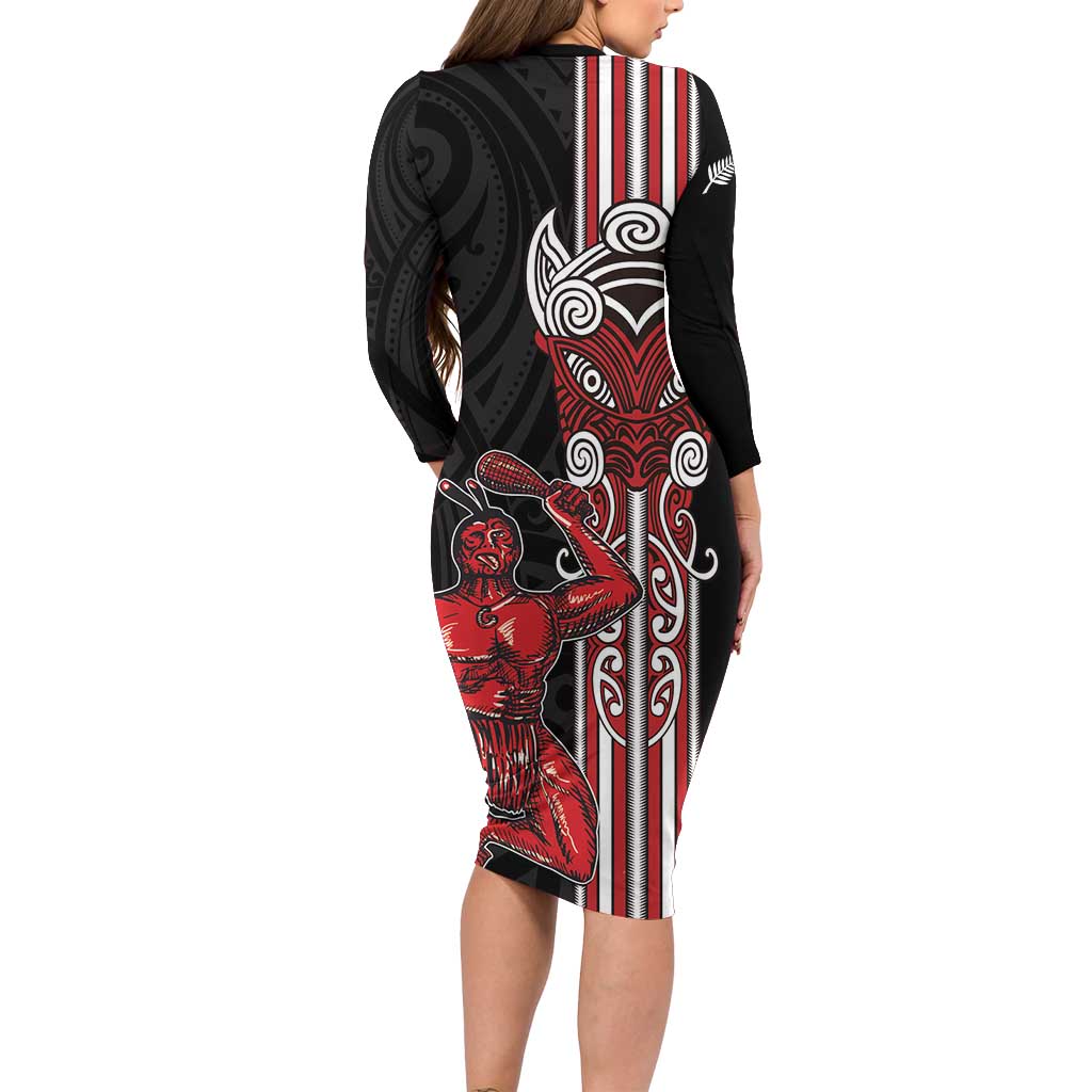Toitu Te Reo Maori Toitu Te Whenua Toitu Te Tiriti Long Sleeve Bodycon Dress Maori Warrior New Zealand LT01 - Polynesian Pride