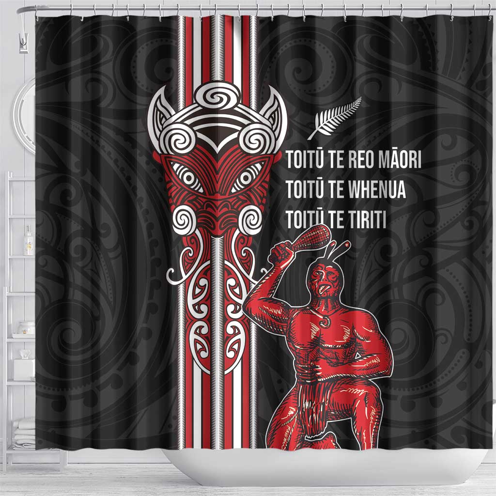 Toitu Te Reo Maori Toitu Te Whenua Toitu Te Tiriti Shower Curtain Maori Warrior New Zealand LT01 - Polynesian Pride
