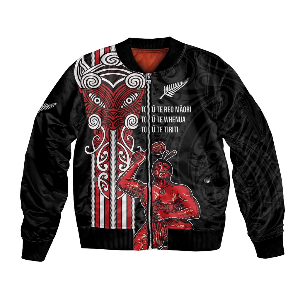Toitu Te Reo Maori Toitu Te Whenua Toitu Te Tiriti Sleeve Zip Bomber Jacket Maori Warrior New Zealand LT01 Unisex Black - Polynesian Pride