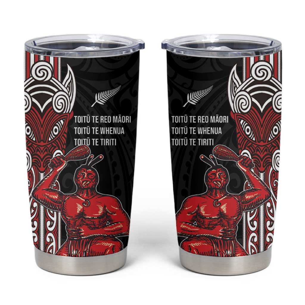 Toitu Te Reo Maori Toitu Te Whenua Toitu Te Tiriti Tumbler Cup Maori Warrior LT01 Black - Polynesian Pride