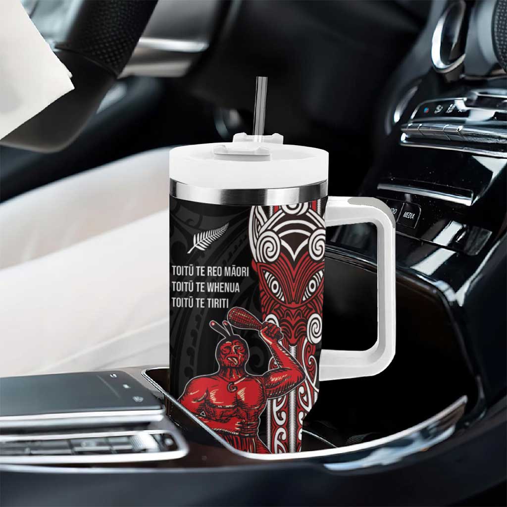 Toitu Te Reo Maori Toitu Te Whenua Toitu Te Tiriti Tumbler With Handle Maori Warrior LT01 - Polynesian Pride