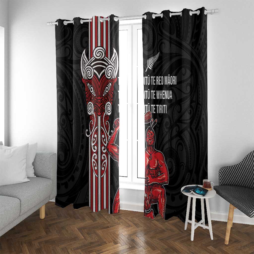 Toitu Te Reo Maori Toitu Te Whenua Toitu Te Tiriti Window Curtain Maori Warrior New Zealand LT01 With Grommets Black - Polynesian Pride