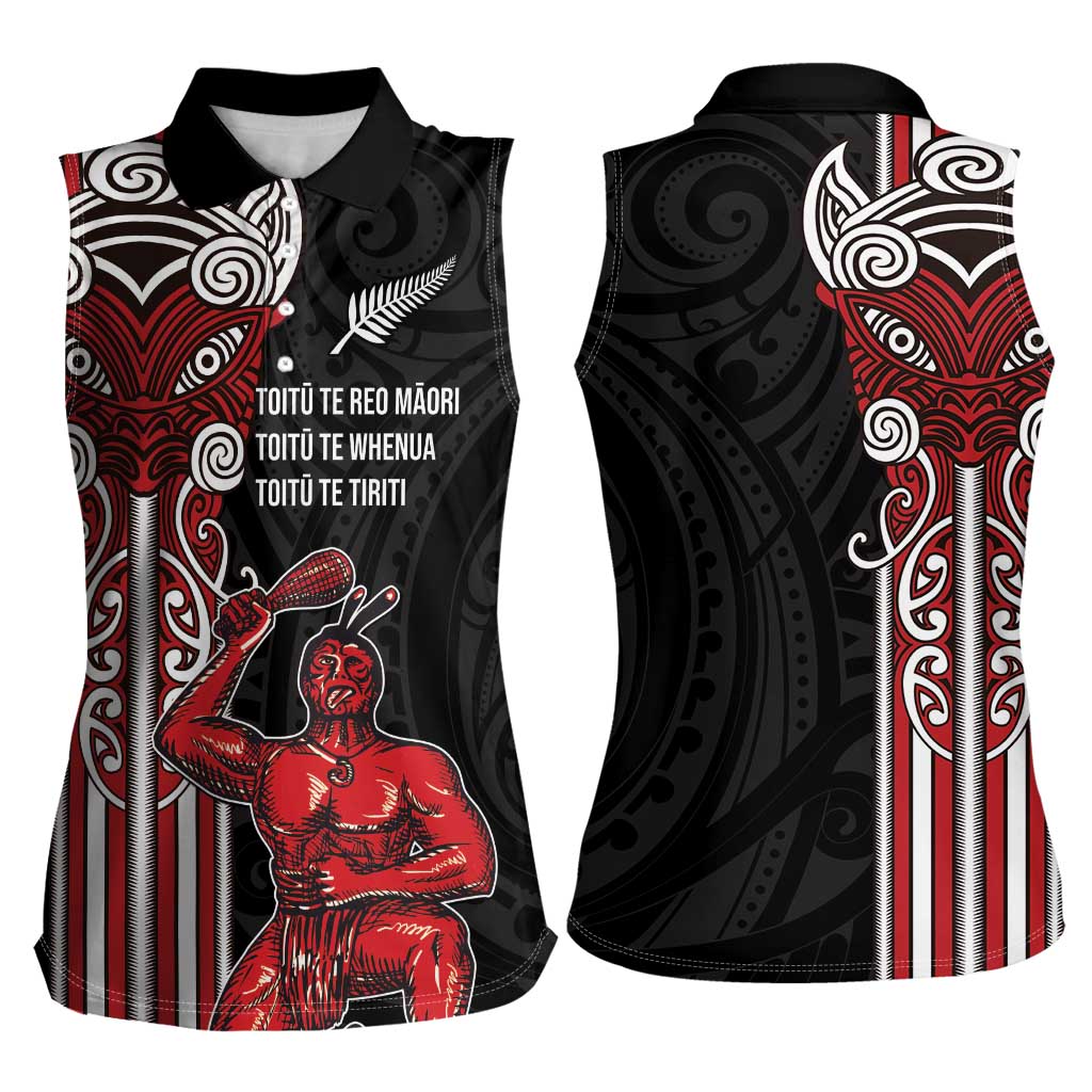 Toitu Te Reo Maori Toitu Te Whenua Toitu Te Tiriti Women Sleeveless Polo Shirt Maori Warrior New Zealand LT01 - Polynesian Pride