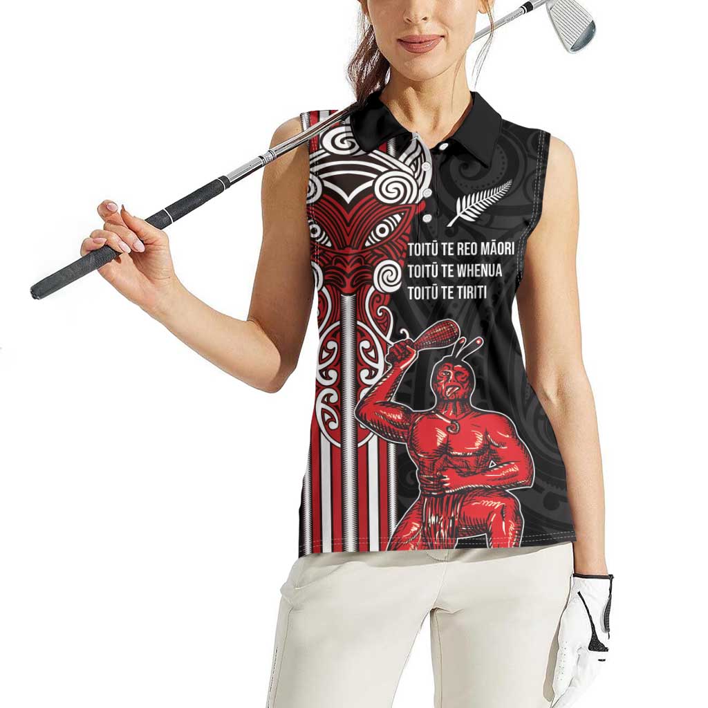 Toitu Te Reo Maori Toitu Te Whenua Toitu Te Tiriti Women Sleeveless Polo Shirt Maori Warrior New Zealand LT01 - Polynesian Pride