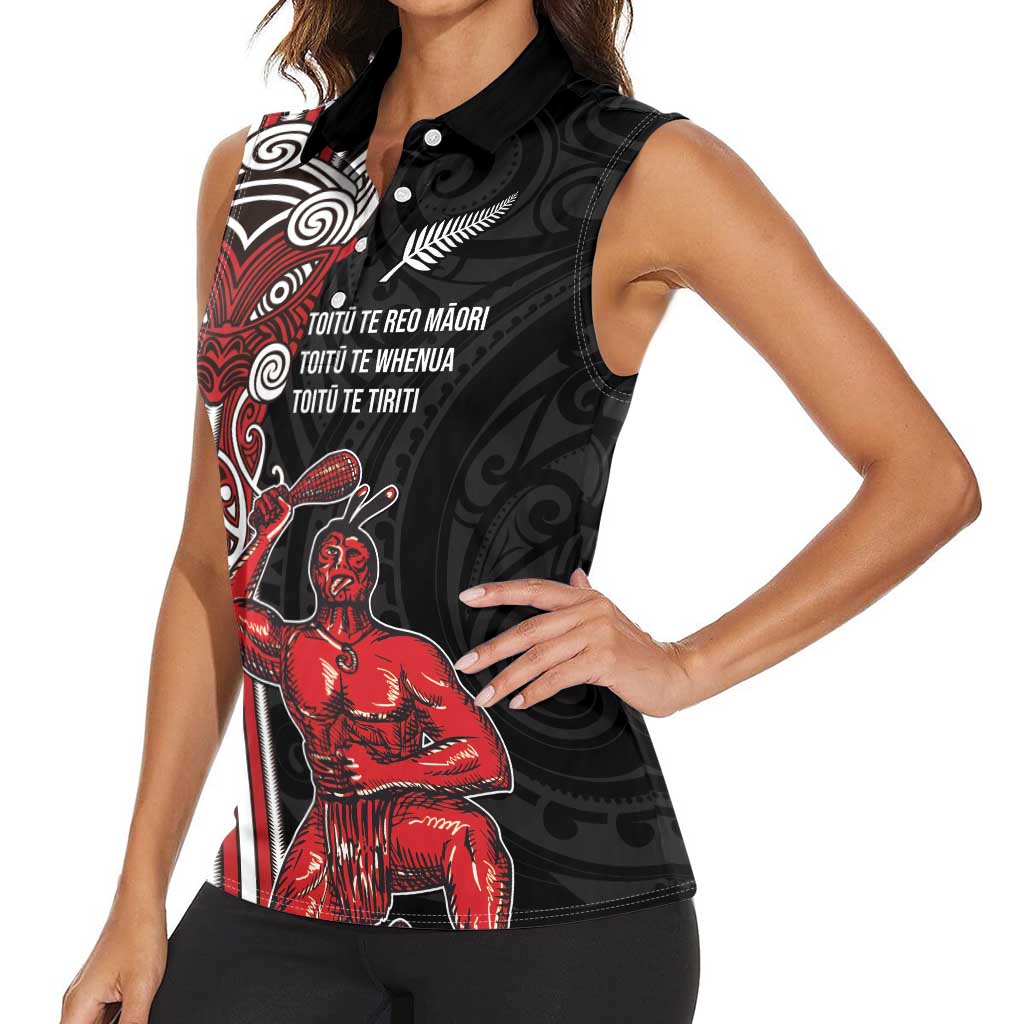 Toitu Te Reo Maori Toitu Te Whenua Toitu Te Tiriti Women Sleeveless Polo Shirt Maori Warrior New Zealand LT01 - Polynesian Pride