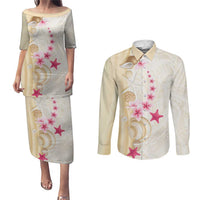 Beige Frangipani Sea Shell Couples Matching Puletasi and Long Sleeve Button Shirt Starfish Polynesian Pattern LT01 Beige - Polynesian Pride