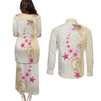 Beige Frangipani Sea Shell Couples Matching Puletasi and Long Sleeve Button Shirt Starfish Polynesian Pattern LT01 - Polynesian Pride