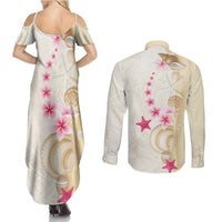 Beige Frangipani Sea Shell Couples Matching Summer Maxi Dress and Long Sleeve Button Shirt Starfish Polynesian Pattern LT01 - Polynesian Pride