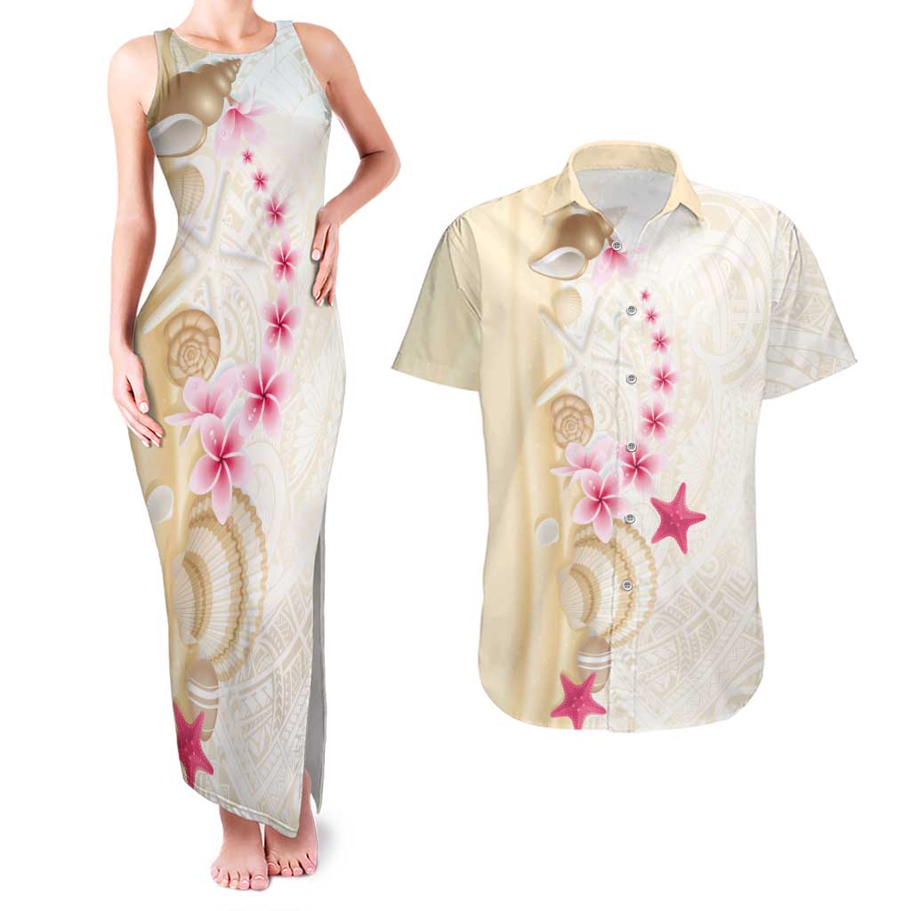 Beige Frangipani Sea Shell Couples Matching Tank Maxi Dress and Hawaiian Shirt Starfish Polynesian Pattern LT01 Beige - Polynesian Pride