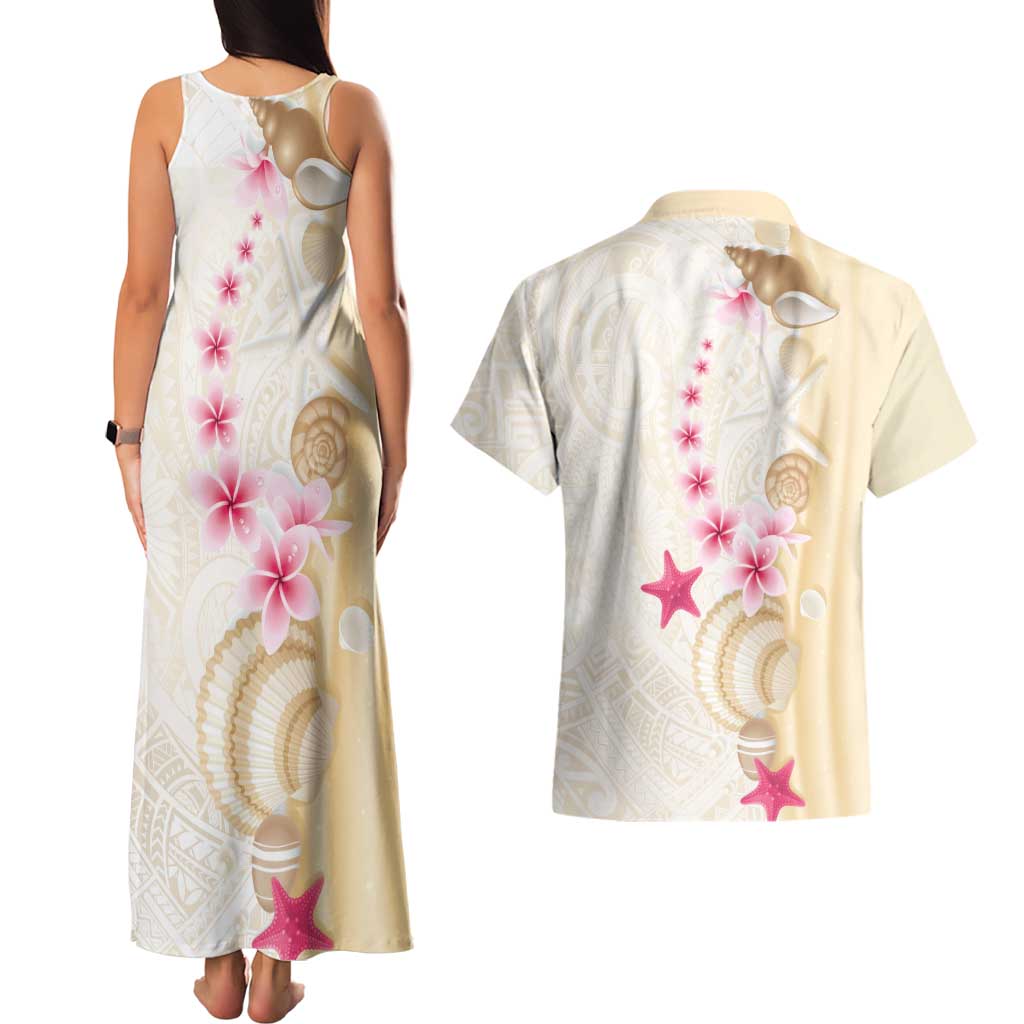 Beige Frangipani Sea Shell Couples Matching Tank Maxi Dress and Hawaiian Shirt Starfish Polynesian Pattern LT01 - Polynesian Pride