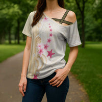 Beige Frangipani Sea Shell Cross Shoulder Shirt Starfish Polynesian Pattern - Polynesian Pride