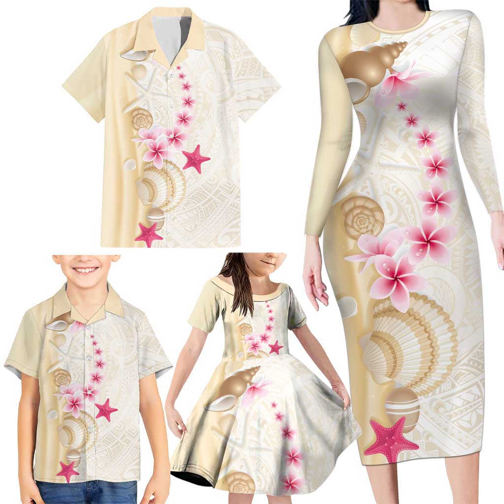 Beige Frangipani Sea Shell Family Matching Long Sleeve Bodycon Dress and Hawaiian Shirt Starfish Polynesian Pattern LT01 - Polynesian Pride