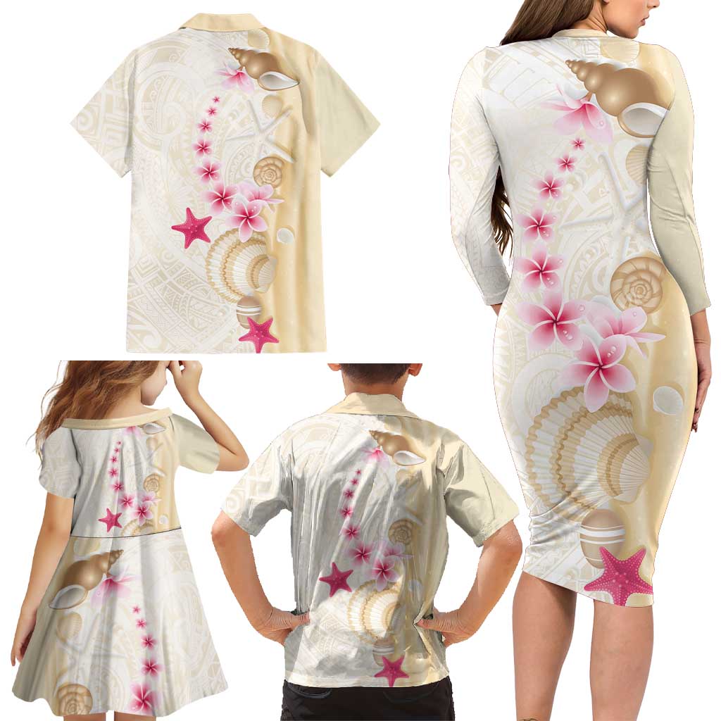Beige Frangipani Sea Shell Family Matching Long Sleeve Bodycon Dress and Hawaiian Shirt Starfish Polynesian Pattern LT01 - Polynesian Pride
