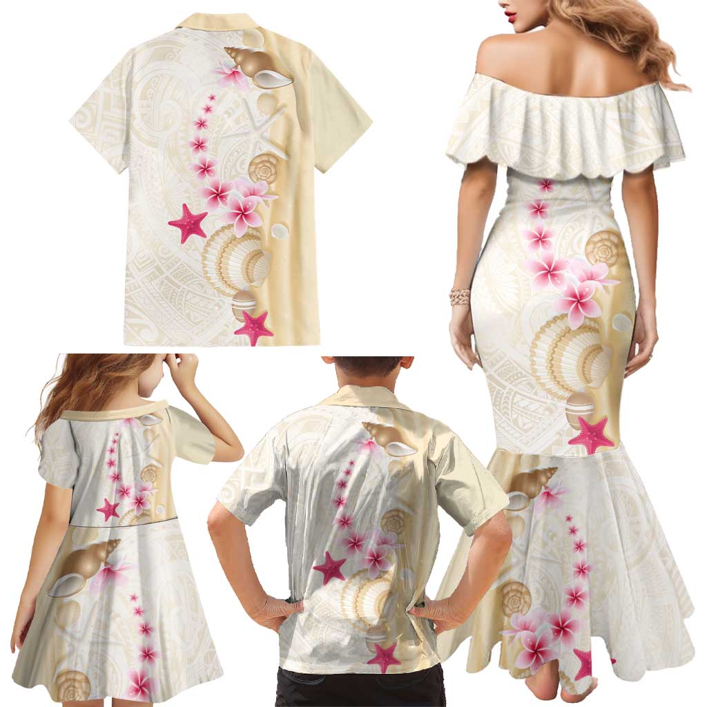 Beige Frangipani Sea Shell Family Matching Mermaid Dress and Hawaiian Shirt Starfish Polynesian Pattern LT01 - Polynesian Pride
