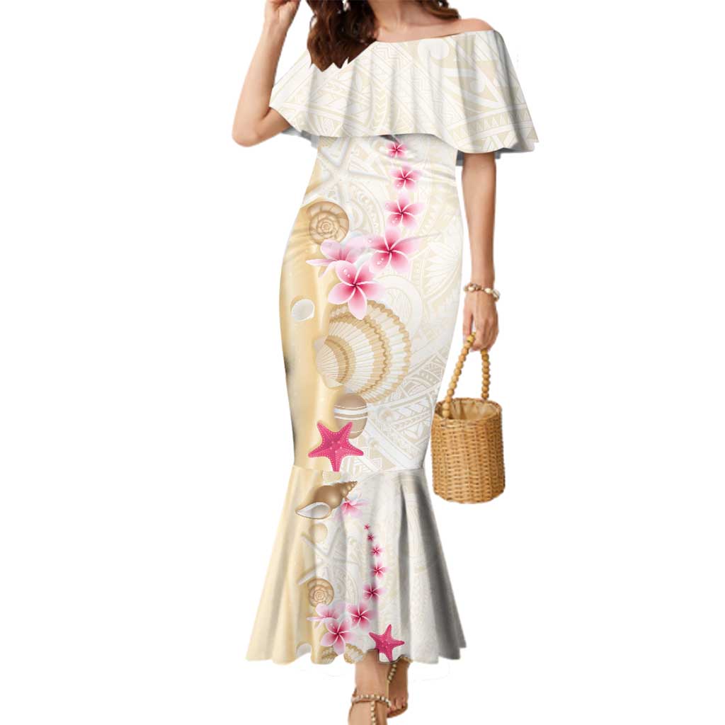 Beige Frangipani Sea Shell Family Matching Mermaid Dress and Hawaiian Shirt Starfish Polynesian Pattern LT01 Mom's Dress Beige - Polynesian Pride