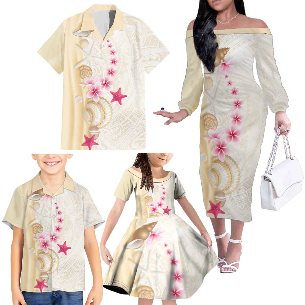 Beige Frangipani Sea Shell Family Matching Off The Shoulder Long Sleeve Dress and Hawaiian Shirt Starfish Polynesian Pattern LT01 - Polynesian Pride