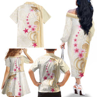 Beige Frangipani Sea Shell Family Matching Off The Shoulder Long Sleeve Dress and Hawaiian Shirt Starfish Polynesian Pattern LT01 - Polynesian Pride