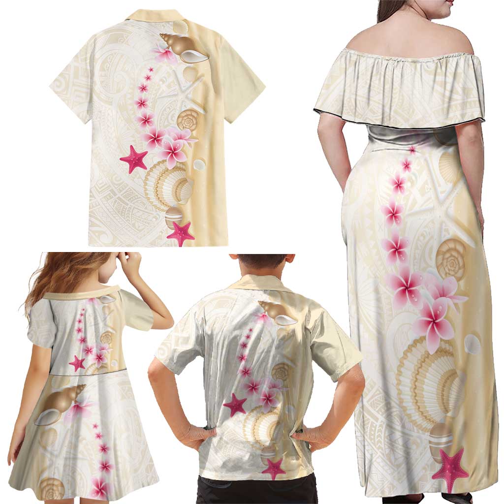 Beige Frangipani Sea Shell Family Matching Off Shoulder Maxi Dress and Hawaiian Shirt Starfish Polynesian Pattern LT01 - Polynesian Pride