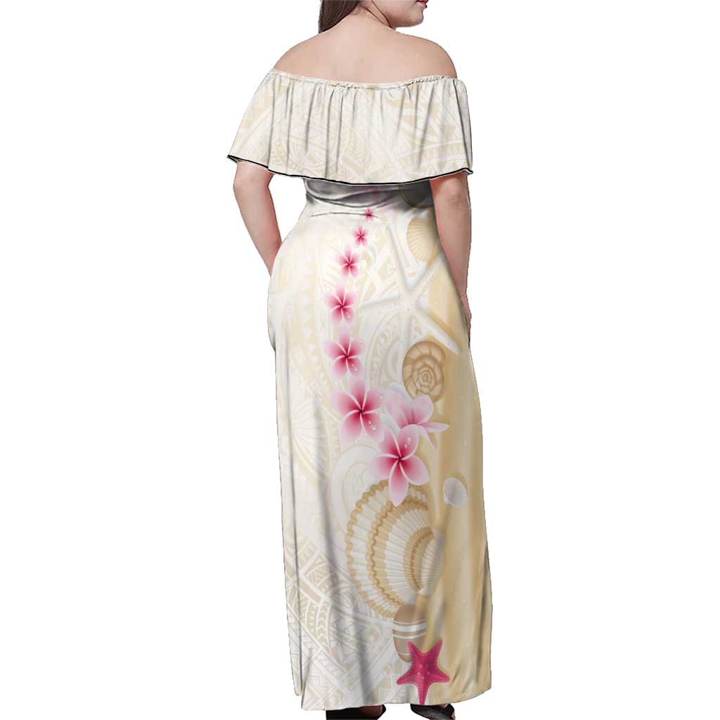 Beige Frangipani Sea Shell Family Matching Off Shoulder Maxi Dress and Hawaiian Shirt Starfish Polynesian Pattern LT01 - Polynesian Pride