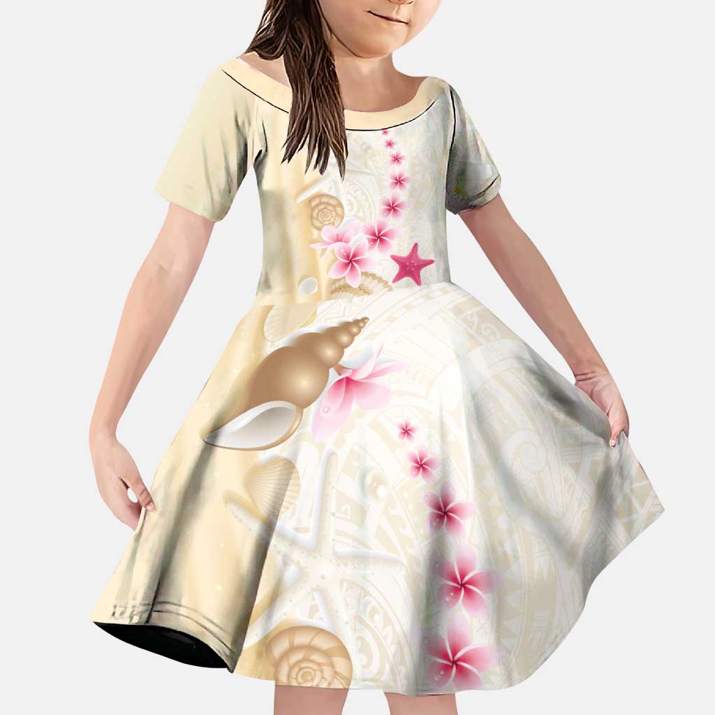 Beige Frangipani Sea Shell Family Matching Off Shoulder Short Dress and Hawaiian Shirt Starfish Polynesian Pattern LT01 Daughter's Dress Beige - Polynesian Pride