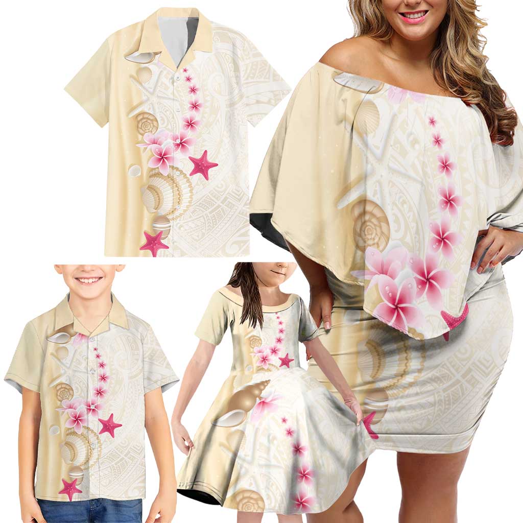 Beige Frangipani Sea Shell Family Matching Off Shoulder Short Dress and Hawaiian Shirt Starfish Polynesian Pattern LT01 - Polynesian Pride