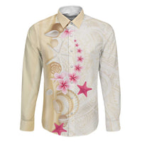 Beige Frangipani Sea Shell Family Matching Off Shoulder Short Dress and Hawaiian Shirt Starfish Polynesian Pattern LT01 Dad's Shirt - Long Sleeve Beige - Polynesian Pride