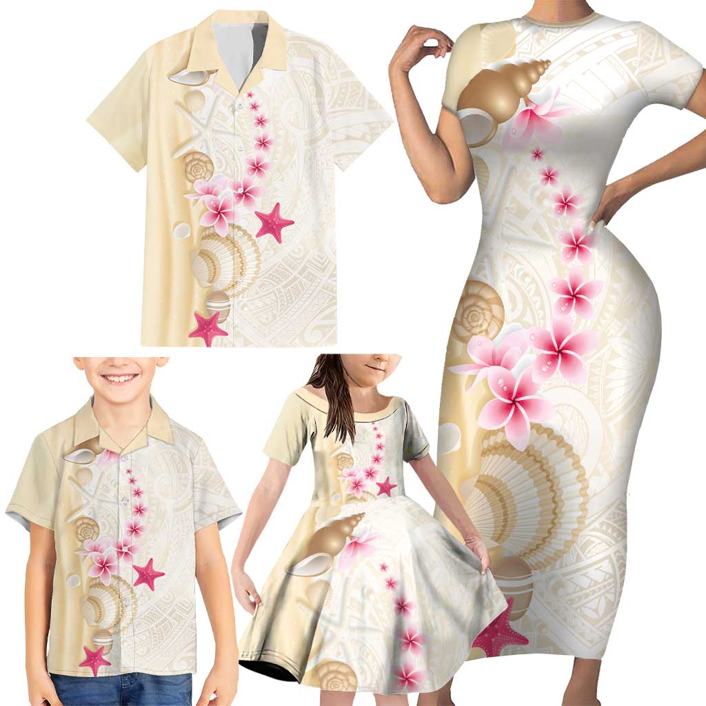 Beige Frangipani Sea Shell Family Matching Short Sleeve Bodycon Dress and Hawaiian Shirt Starfish Polynesian Pattern LT01 - Polynesian Pride