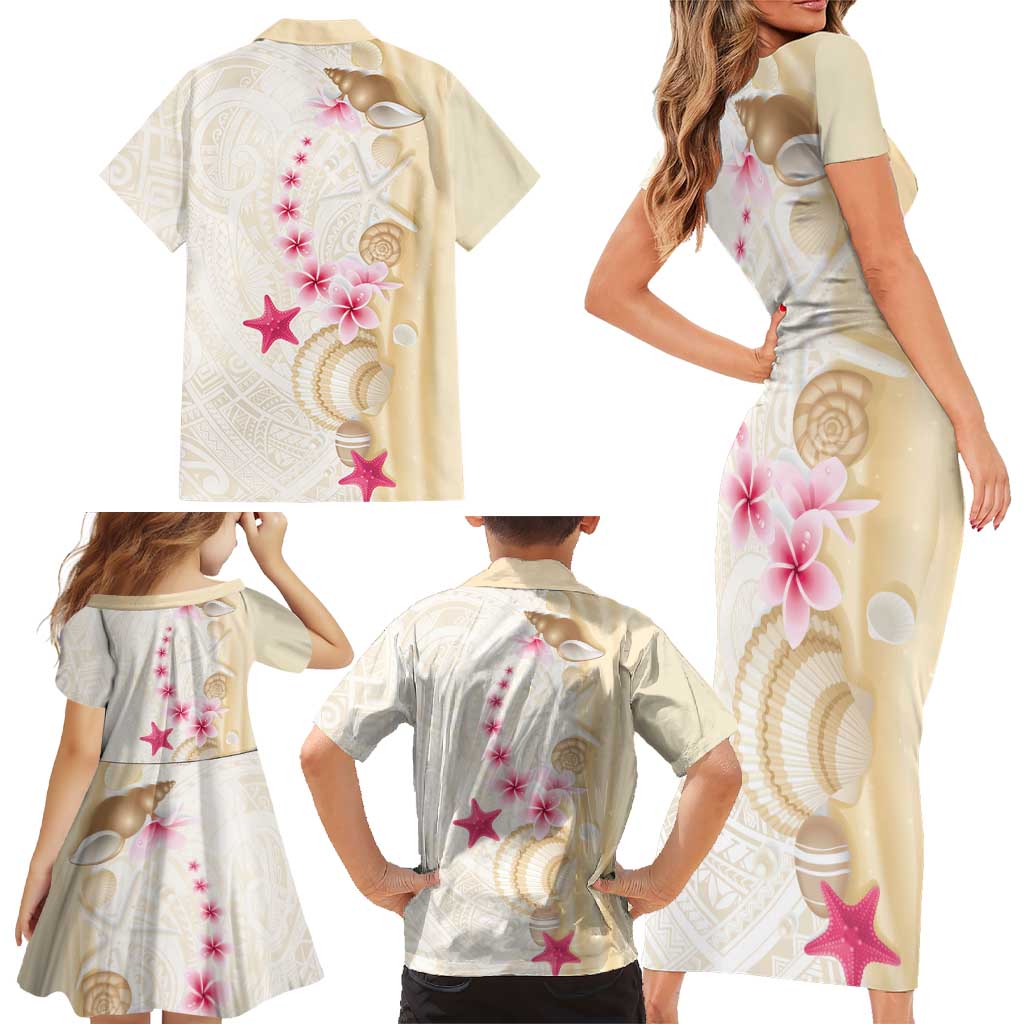 Beige Frangipani Sea Shell Family Matching Short Sleeve Bodycon Dress and Hawaiian Shirt Starfish Polynesian Pattern LT01 - Polynesian Pride