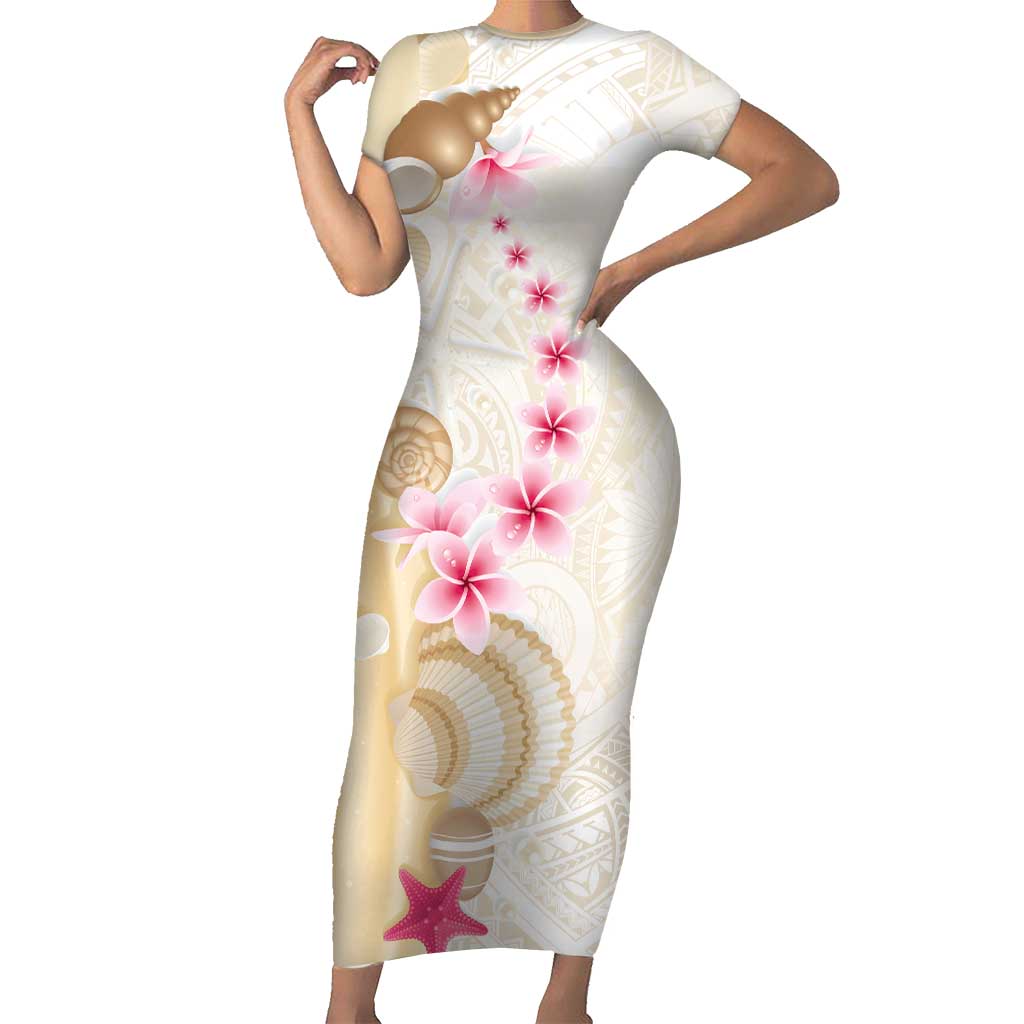 Beige Frangipani Sea Shell Family Matching Short Sleeve Bodycon Dress and Hawaiian Shirt Starfish Polynesian Pattern LT01 Mom's Dress Beige - Polynesian Pride