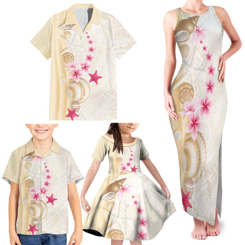 Beige Frangipani Sea Shell Family Matching Tank Maxi Dress and Hawaiian Shirt Starfish Polynesian Pattern LT01 - Polynesian Pride