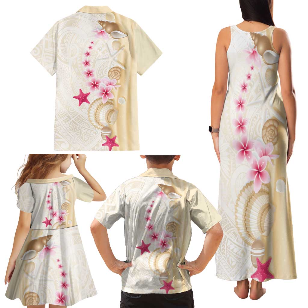 Beige Frangipani Sea Shell Family Matching Tank Maxi Dress and Hawaiian Shirt Starfish Polynesian Pattern LT01 - Polynesian Pride