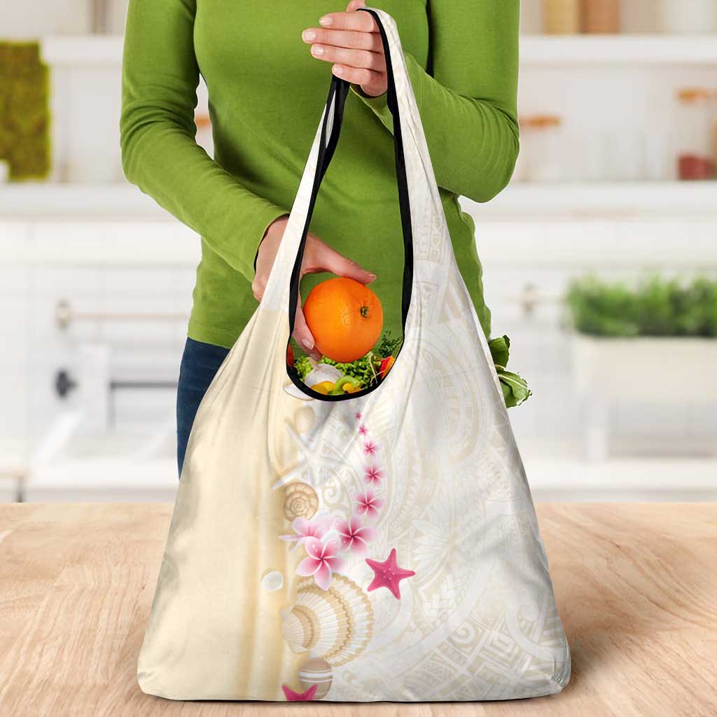 Beige Frangipani Sea Shell Grocery Bag Starfish Polynesian Pattern - Polynesian Pride