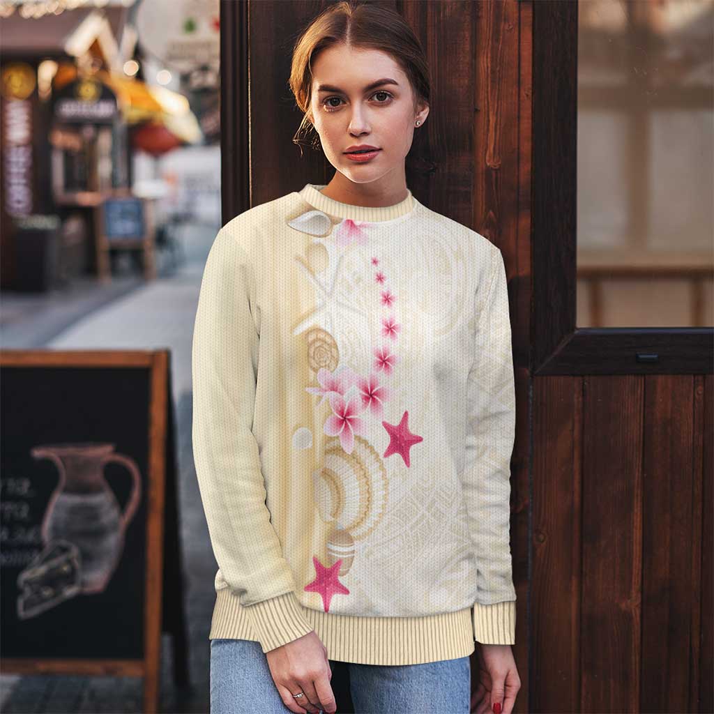 Beige Frangipani Sea Shell Ugly Christmas Sweater Starfish Polynesian Pattern - Polynesian Pride
