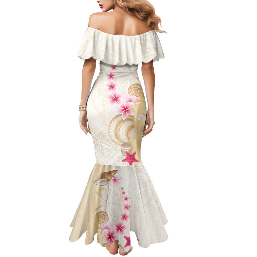 Beige Frangipani Sea Shell Mermaid Dress Starfish Polynesian Pattern - Polynesian Pride