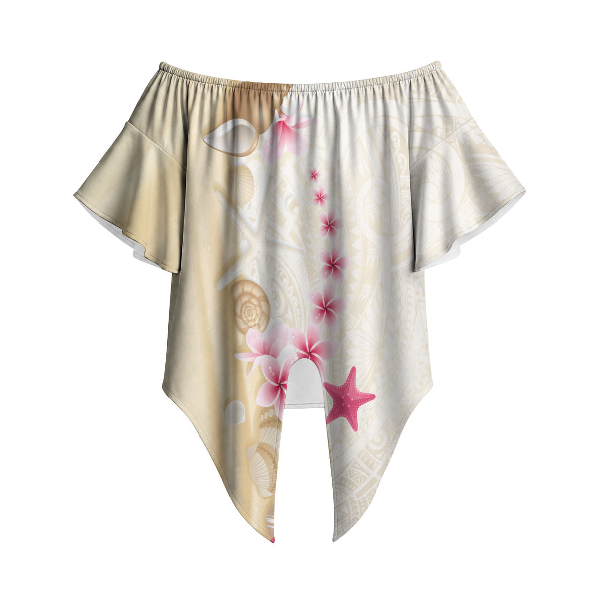 Beige Frangipani Sea Shell Off Shoulder Wrap Waist Top Starfish Polynesian Pattern LT01 Beige - Polynesian Pride