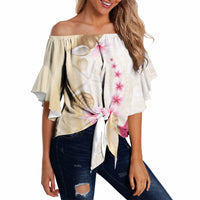 Beige Frangipani Sea Shell Off Shoulder Wrap Waist Top Starfish Polynesian Pattern LT01 - Polynesian Pride