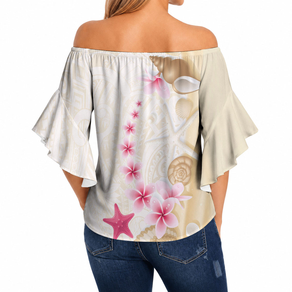 Beige Frangipani Sea Shell Off Shoulder Wrap Waist Top Starfish Polynesian Pattern LT01 - Polynesian Pride